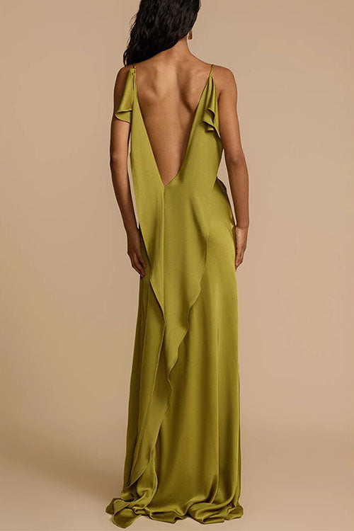 Rebadress High Slit Back Drape Cascading Satin Maxi Cami Dress