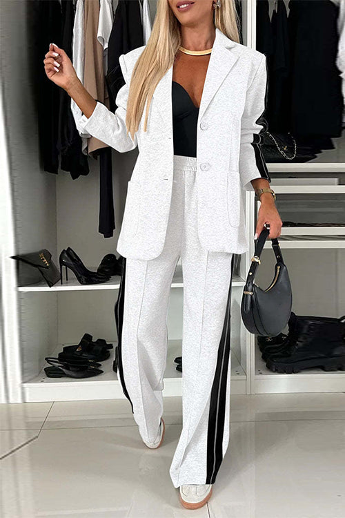 Rebadress Patchwork Notch Lapel Pocketed Blazer Elastic Waist Wide Leg Pants Casual Set
