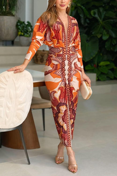 Rebadress V Neck Long Sleeves Ruched Slit Printed Midi Dress