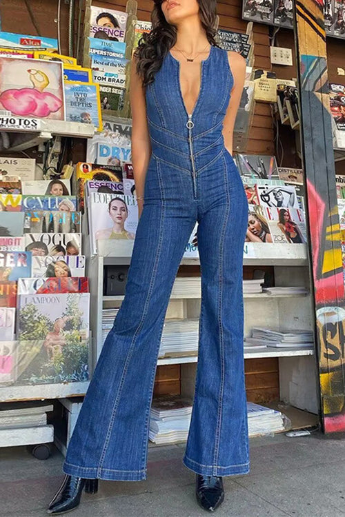 Rebadress Zip Up Sleeveless Heart Back Bell Bottom Denim Jumpsuit