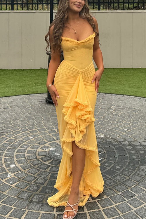 Rebadress Spaghetti Strap Frill Trim Draped Slit Maxi Dress