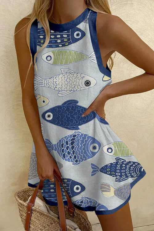 Rebadress Sleeveless Fish Print Mini Dress
