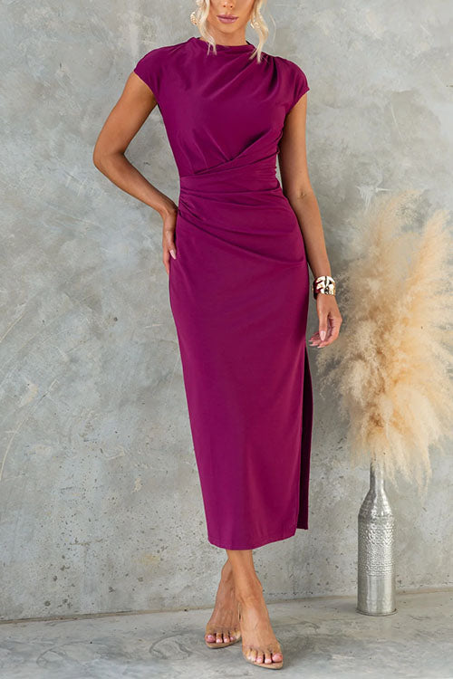 Ruched Cap Sleeve Side Slit Bodycon Midi Dress