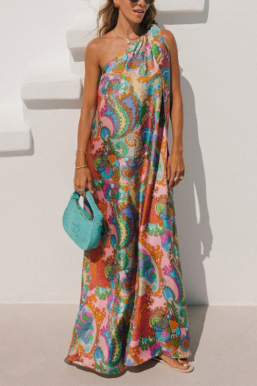 Tie Knot One Shoulder Unique Print Maxi Vacation Dress