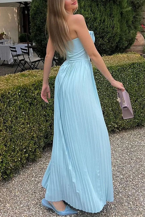 Rebadress Strapless V Neck Corset Pleated Maxi Dress