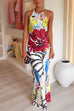 Halter Sleeveless Open Back Floral Print Maxi Dress