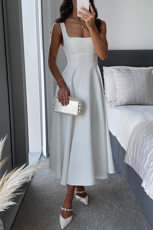 Sleeveless Square Neck Waisted Swing Maxi Dress