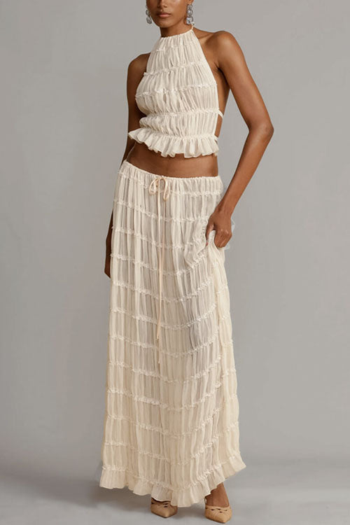 Rebadress Frilled Halter Open Back Crop Top and Pleated Maxi Skirt Set