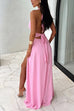 Rebadress Deep V Neck Halter Tie Knot Backless Slit Maxi Dress