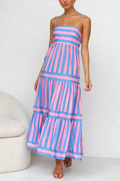 Rebadress Spaghetti Strap Tiered Color Block Striped Maxi Dress