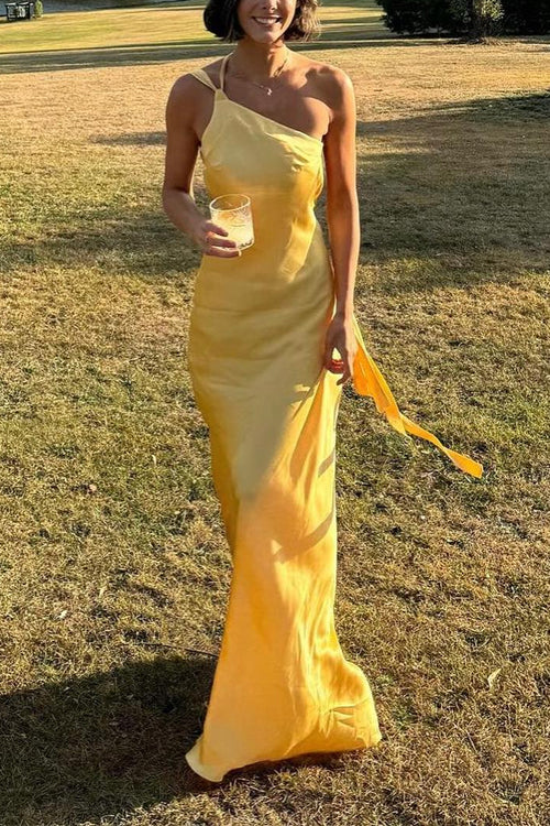 Rebadress One Shoulder Open Back Tie Knot Satin Maxi Dress