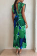 Rebadress V Neck Waisted Back Cut Out Printed Maxi Pleated Dress