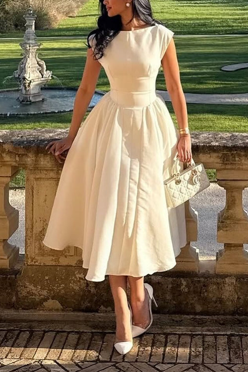 Rebadress Cap Sleeves Open Back Waisted Swing Midi Dress