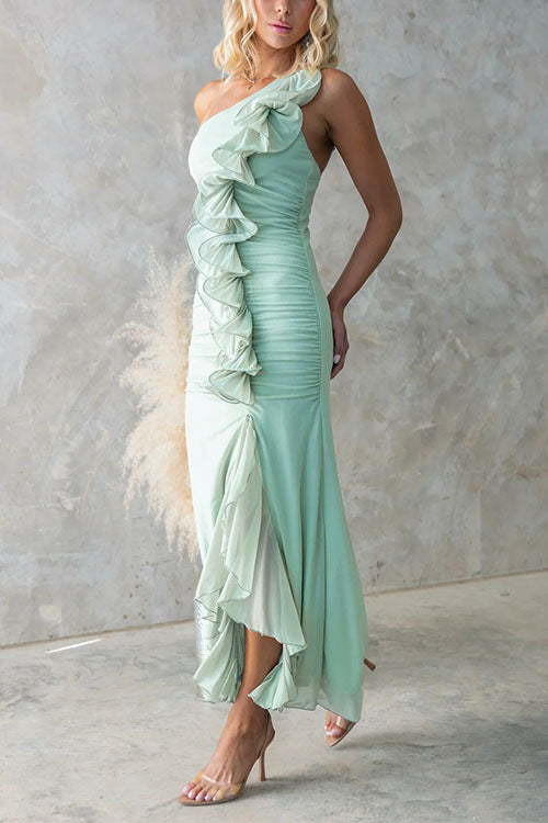 Rebadress One Shoulder Slit Ruffle Mesh Maxi Dress