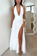 Rebadress Deep V Neck Halter Tie Knot Backless Slit Maxi Dress