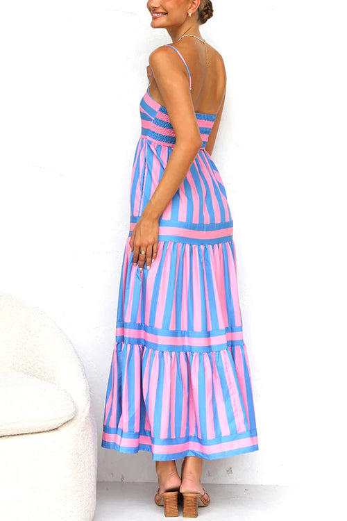 Rebadress Spaghetti Strap Tiered Color Block Striped Maxi Dress