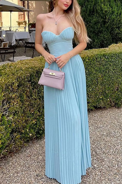 Rebadress Strapless V Neck Corset Pleated Maxi Dress