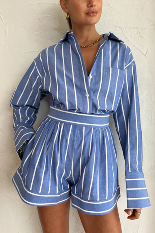 Rebadress Striped Long Sleeves Curve Hem Shirt and High Rise Shorts Set