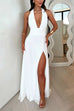 Rebadress Deep V Neck Halter Tie Knot Backless Slit Maxi Dress