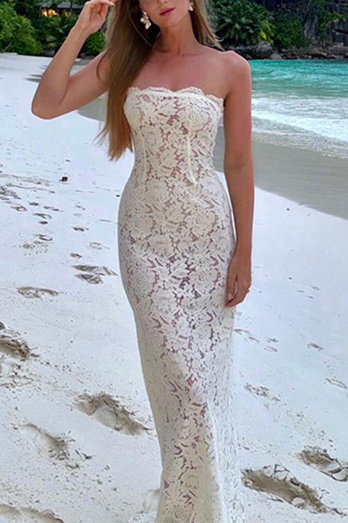 Rebadress Strapless Lace Hollow Out Bodycon Maxi Dress
