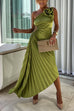 Rebadress 3D Rose One Shoulder Cut Out Waist Asymmetric Hem Pleated Maxi Dress