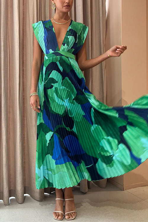 Rebadress V Neck Waisted Back Cut Out Printed Maxi Pleated Dress