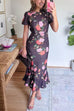 Crewneck Short Sleeves Floral Print Ruffle Hem Midi Dress