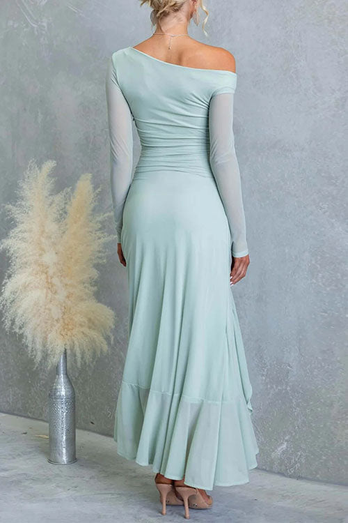 Asymmetric Shoulder Long Sleeves Slit Ruffle Maxi Dress