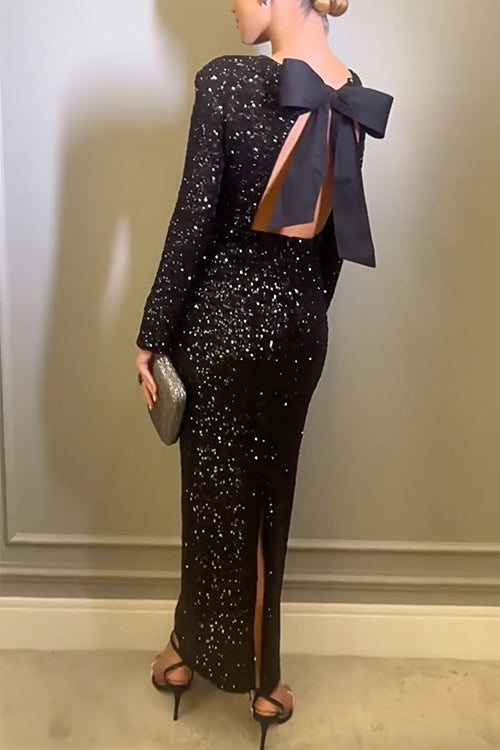 Rebadress Bow Backless Sequin Bodycon Maxi Party Dress