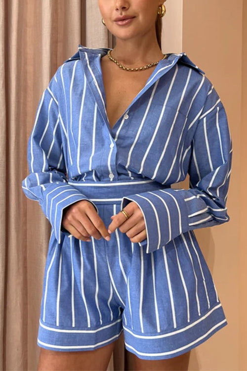 Rebadress Striped Long Sleeves Curve Hem Shirt and High Rise Shorts Set