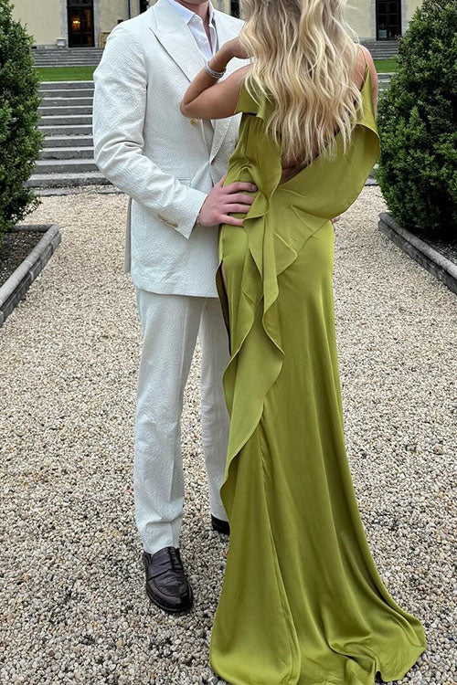 Rebadress High Slit Back Drape Cascading Satin Maxi Cami Dress