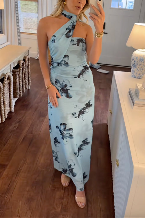 Rebadress Halter Sleeveless Floral Print Mesh Maxi Dress