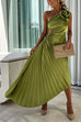 Rebadress 3D Rose One Shoulder Cut Out Waist Asymmetric Hem Pleated Maxi Dress