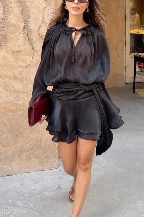 Rebadress Long Sleeves Lace-up Tie Waist Ruffle Mini Dress