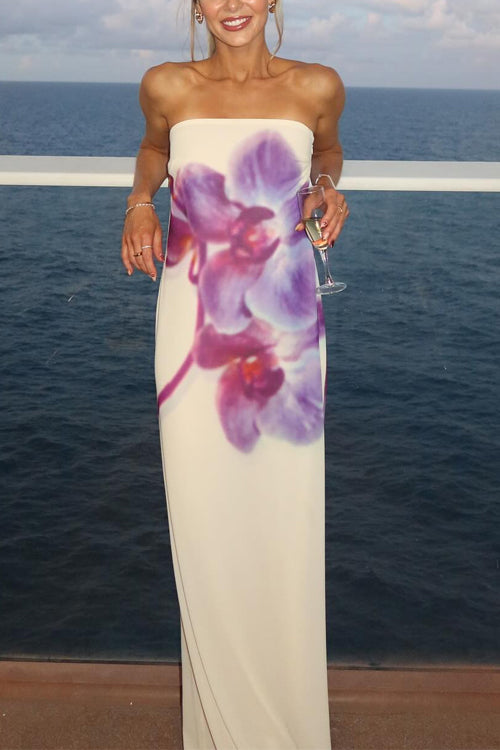 Rebadress Elegant Strapless Floral Print Maxi Dress