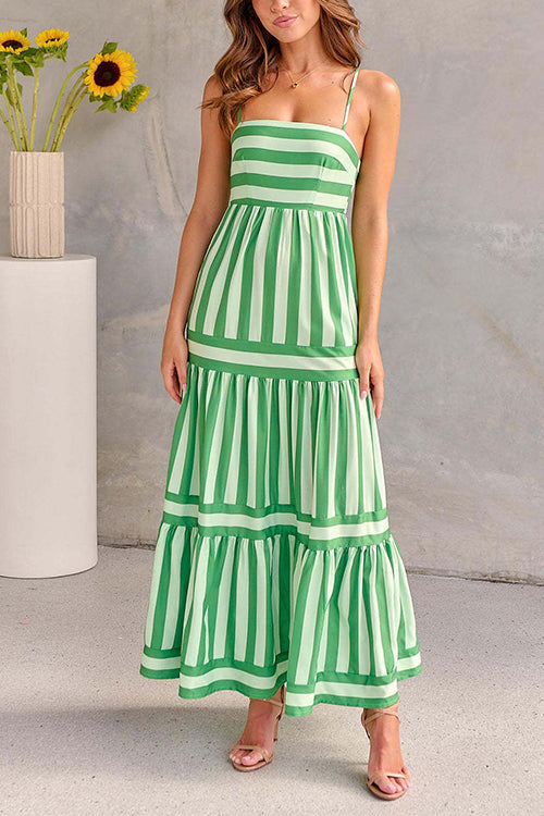 Rebadress Spaghetti Strap Tiered Color Block Striped Maxi Dress