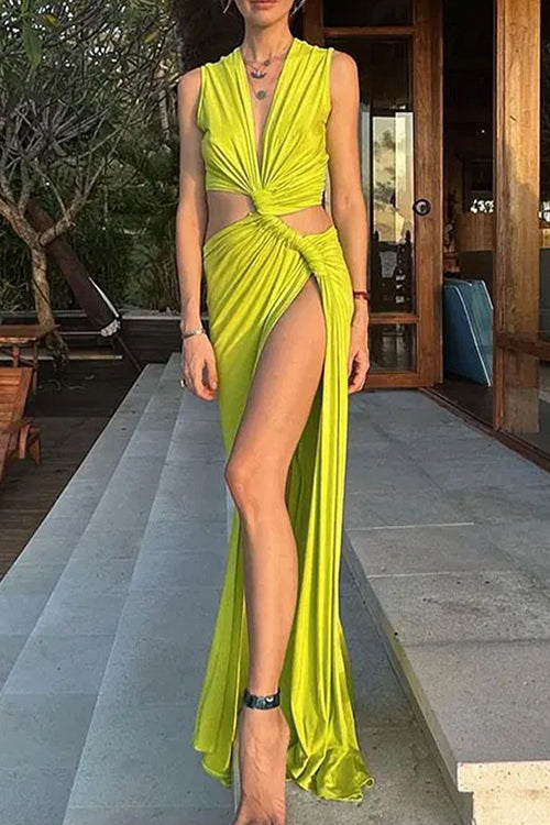 Rebadress V Neck Knot Front Cut Out High Slit Sleeveless Maxi Dress