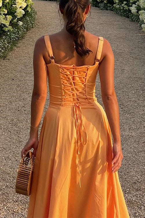 Rebadress Drawstring Neck Slit Bustier Midi Cami Dress