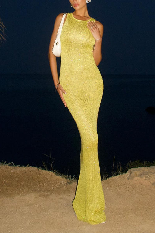 Rebadress Round Neck Sleeveless Bodycon Glitter Maxi Party Dress