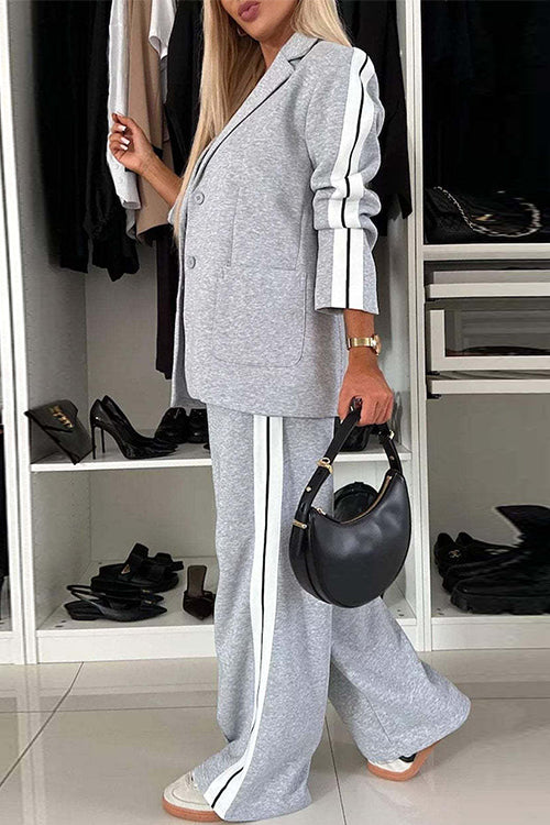 Rebadress Patchwork Notch Lapel Pocketed Blazer Elastic Waist Wide Leg Pants Casual Set