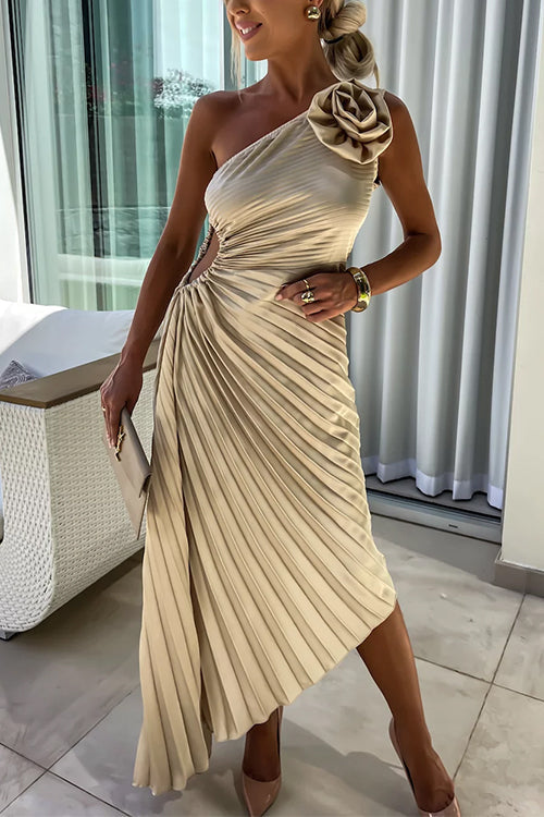 Rebadress 3D Rose One Shoulder Cut Out Waist Asymmetric Hem Pleated Maxi Dress