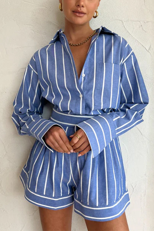Rebadress Striped Long Sleeves Curve Hem Shirt and High Rise Shorts Set