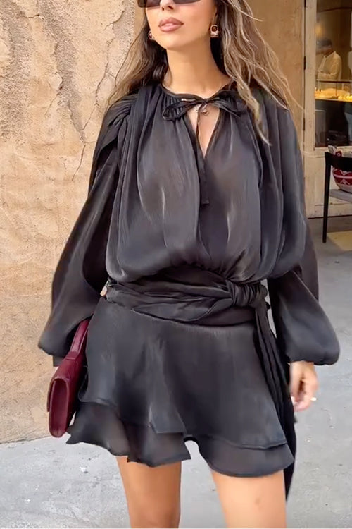 Rebadress Long Sleeves Lace-up Tie Waist Ruffle Mini Dress