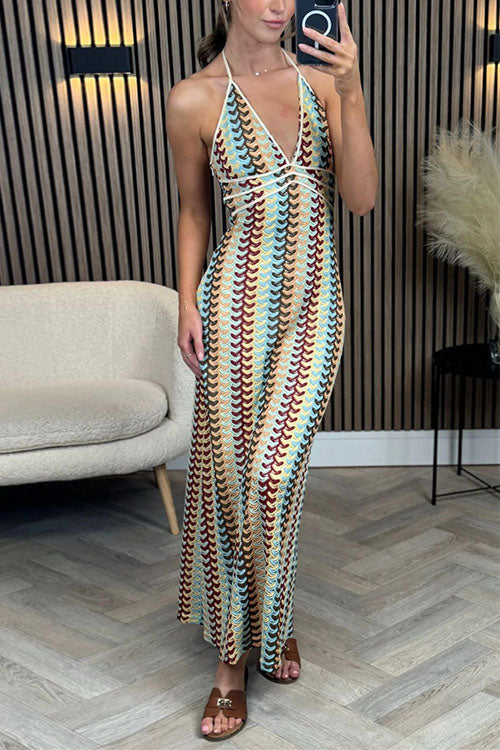 Rebadress Halter V Neck Backless Color Block Crochet Maxi Dress