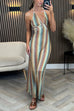 Rebadress Halter V Neck Backless Color Block Crochet Maxi Dress