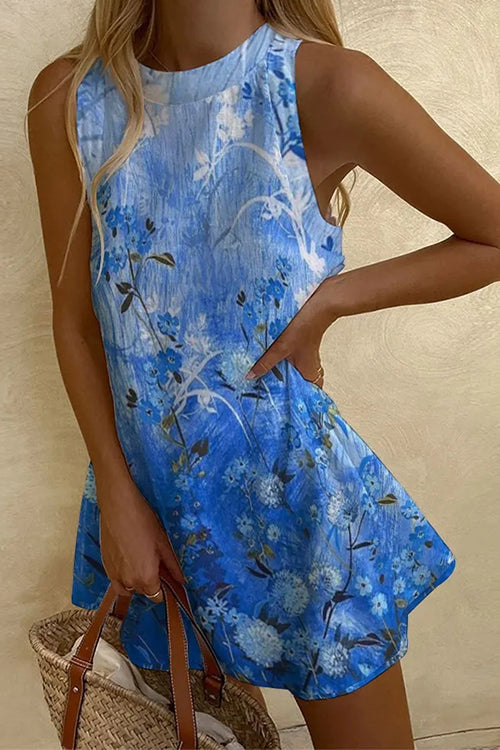 Rebadress Summer Sleeveless Gradient Floral Print Mini Dress