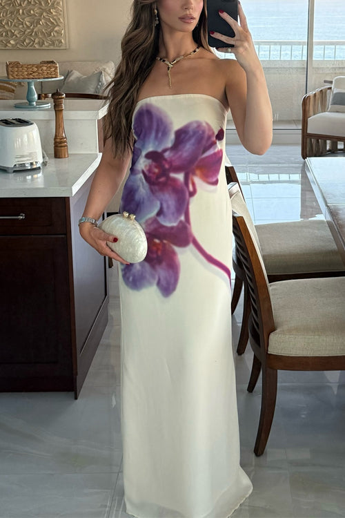 Rebadress Elegant Strapless Floral Print Maxi Dress