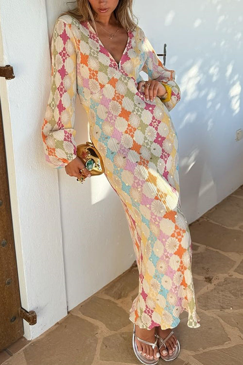 Rebadress V Neck Lantern Sleeves Geometric Print Maxi Dress