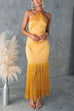 Rebadress Halter Neck Patchwork Fringe Hem Satin Maxi Dress