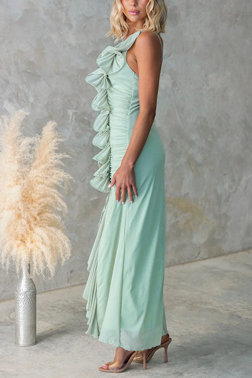 Rebadress One Shoulder Slit Ruffle Mesh Maxi Dress